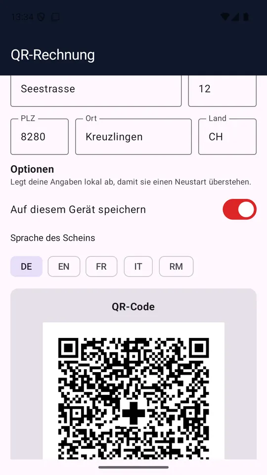 Der untere Teil des Formulars: Adresse Seestrasse 12, 8280 Kreuzlingen, der Schalter „Auf diesem Gerät speichern“, die Sprachwahl für den Schein (DE, EN, FR, IT, RM) und darunter der erzeugte QR-Code