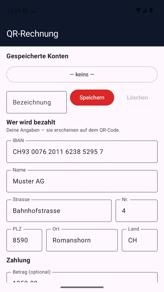 Die fertige Rechnung: QR-Code mit Schweizer Kreuz, darunter „Dein Freund scannt ihn mit seiner Banking-App“, die Knöpfe „QR gross anzeigen“, „Teilen“, „PDF teilen“ und „Drucken“ sowie der Verlauf mit zwei gespeicherten Rechnungen über CHF 1250.00 und CHF 80.00